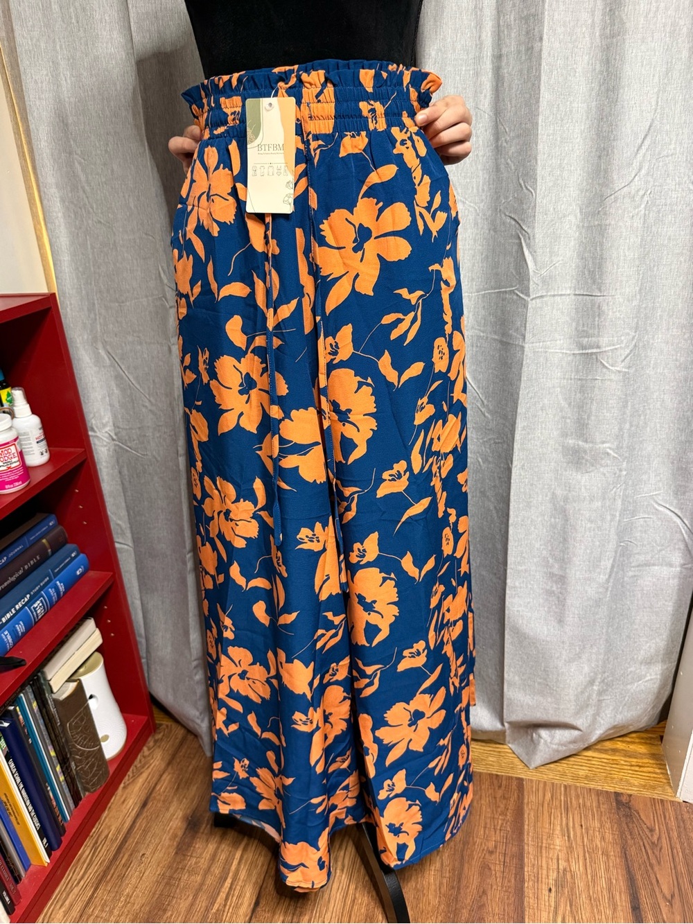 Navy & Orange Floral Wide Leg Pants